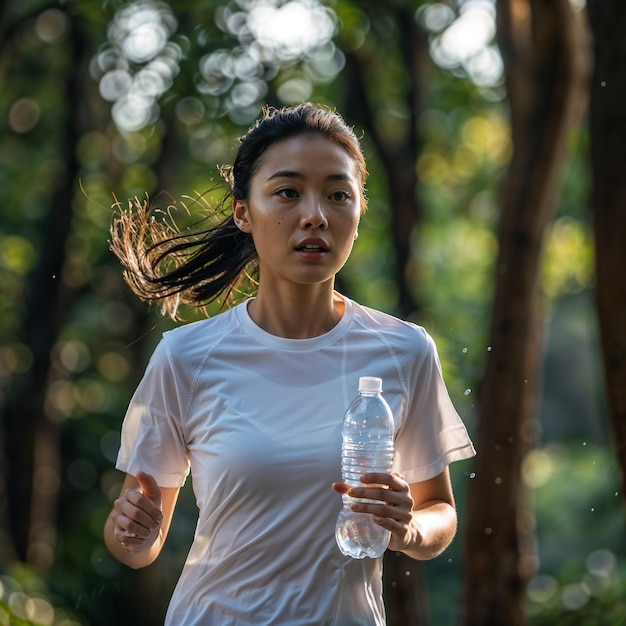 Une fille en train de courir le matin dans un parc inondé de soleil