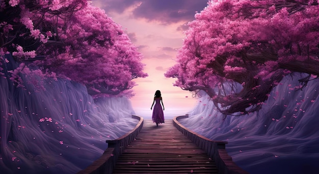 une fille traversant un sentier fleuri dans le style de l'imagerie d'inspiration japonaise