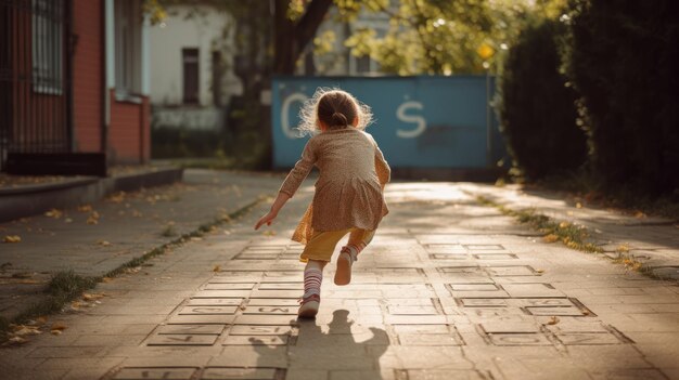 Une fille traverse une route avec un panneau bleu qui dit cos.