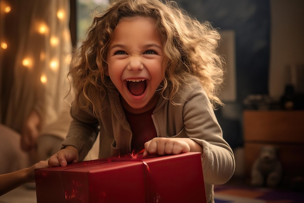 Une fille très heureuse recevant un cadeau emballé AI génératif