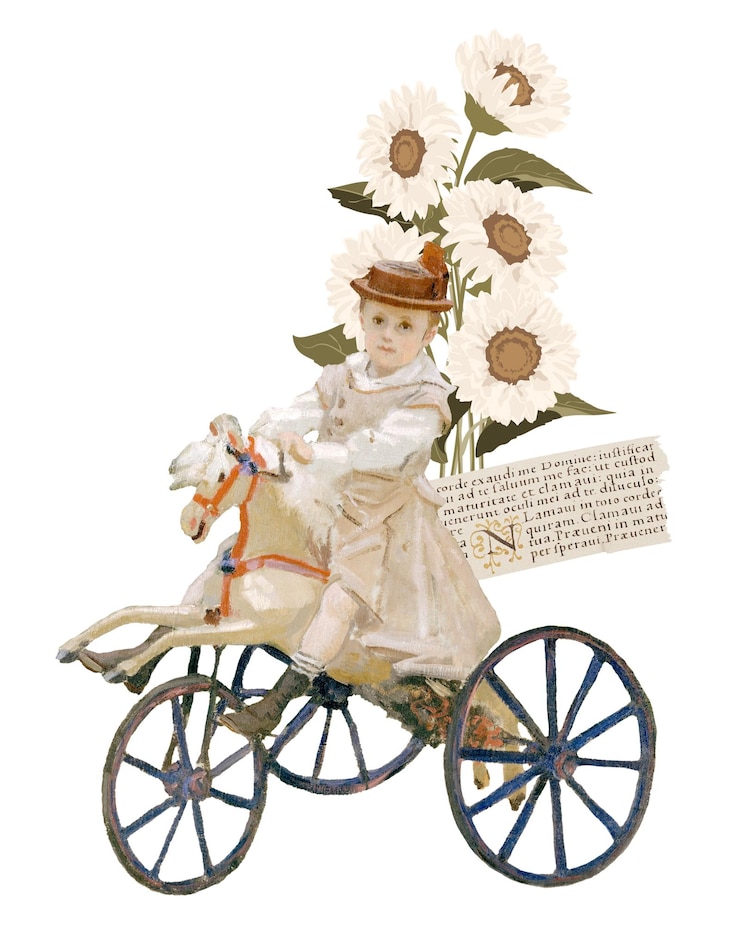 Photo une fille sur un tricycle, un autocollant png, une illustration vintage, un fond transparent.