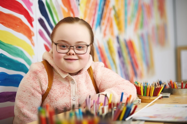 Photo fille trisomique dans une classe d'école sur fond de mur coloré