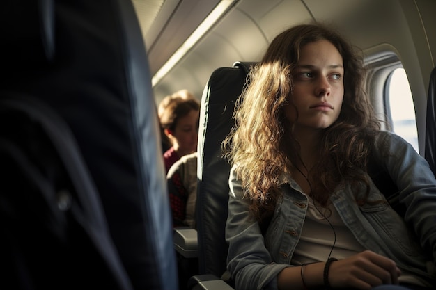 Une fille triste assise dans un siège d'avion