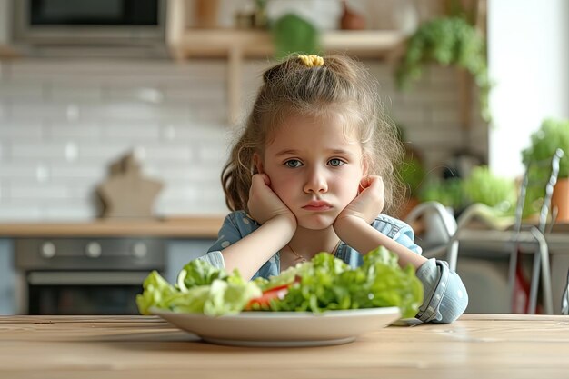Une fille triste et ennuyeuse qui mange de la salade César à la table de la cuisine.
