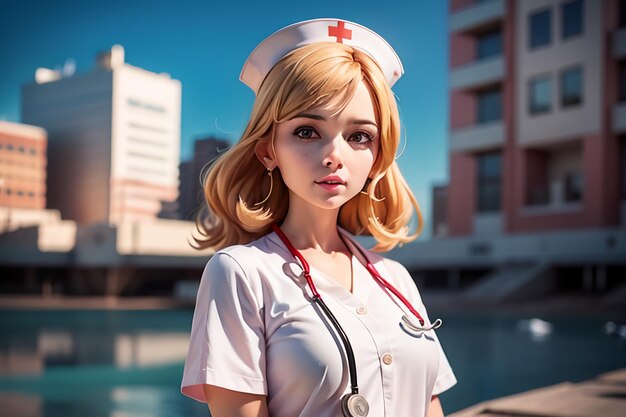 Une fille en uniforme d'infirmière se tient devant un paysage urbain