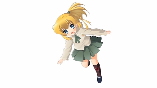 Une fille en uniforme scolaire avec une jupe verte et une jupe verte avec un logo bleu et blanc qui dit "je suis une écolière".