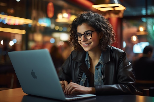 une fille utilisant un ordinateur portable pour travailler ou explorer des sites Web sur Internet dans son espace de travail