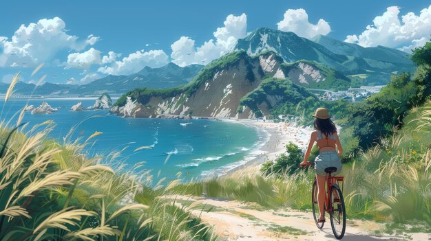 Une fille en vacances fait du vélo le long d'un paysage montagneux jusqu'à la plage.