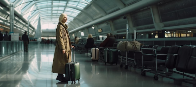 une fille avec une valise qui attend à l'aéroport