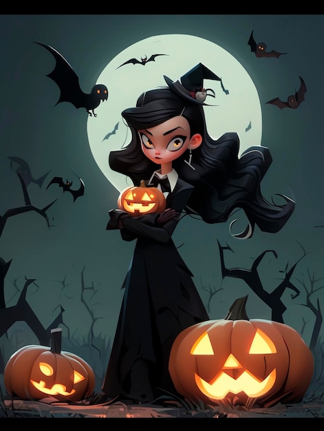 Une fille vampire 3D d'Halloween avec une citrouille