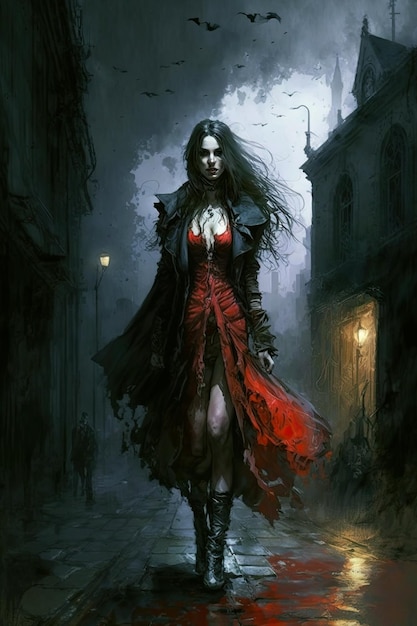 Fille vampire sexy vêtue d'une robe rouge la nuit en ville Illustration de l'IA générative