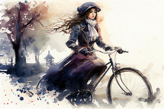 Fille à vélo Aquarelle