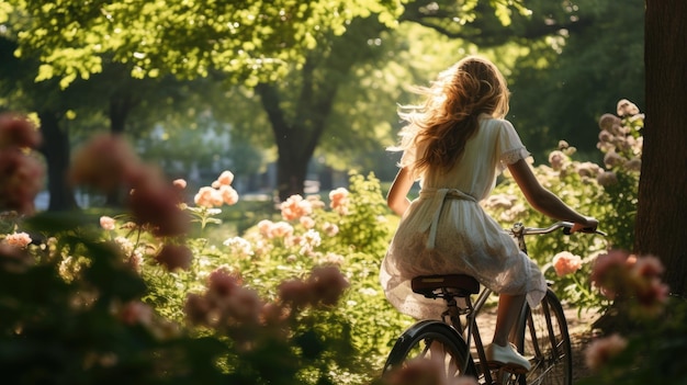 une fille à vélo dans un jardin