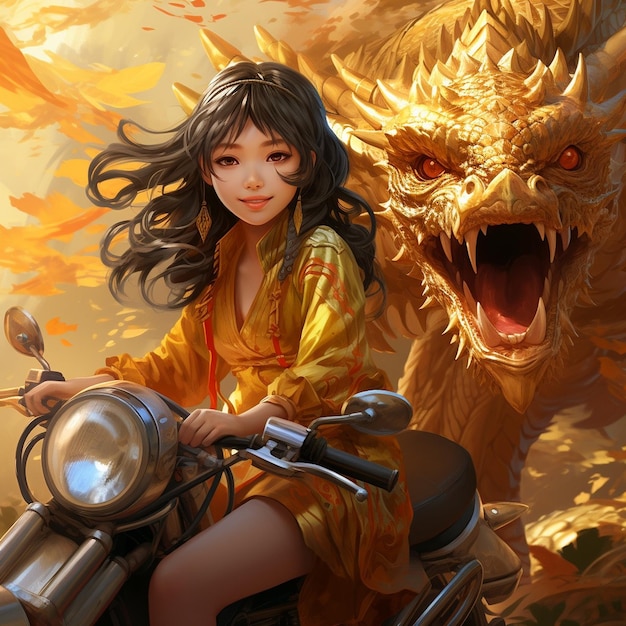 la fille sur le vélo avec le dragon