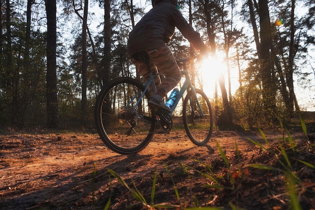 Une fille à vélo longe le sentier dans la forêt d'automne au coucher du soleil Vue à faible angle Concept de loisirs actif