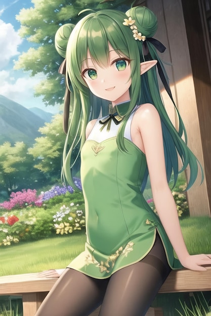 Une fille en vert avec des cheveux verts et une robe verte avec le mot zelda dessus.