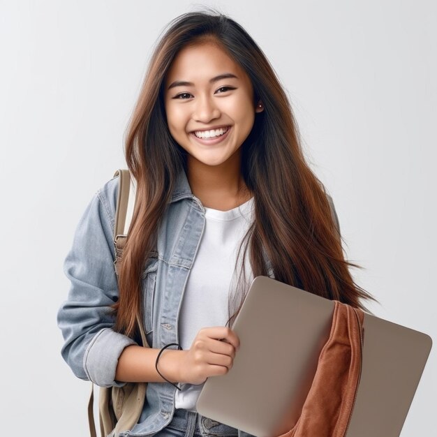 une fille avec une veste qui dit " elle tient un ordinateur portable ".