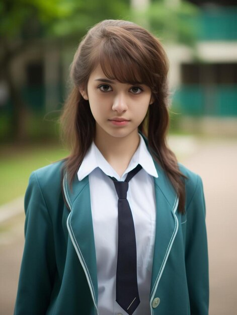 Photo une fille avec une veste verte et une chemise à col blanc se tient devant un bâtiment