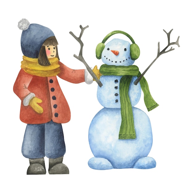 Une fille en vêtements d'hiver fait un bonhomme de neige Illustration d'aquarelle pour enfants Scène d'hiver
