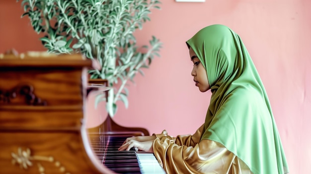 Photo une fille en vêtements musulmans traditionnels joue d'un vieux piano généré par ai