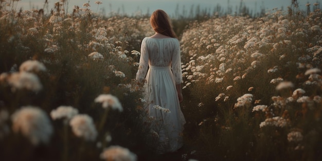 une fille vêtue de blanc se promenant dans un champ de fleurs