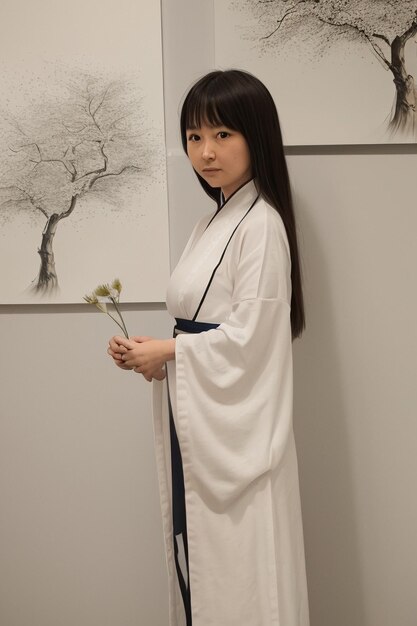 Une fille vêtue d'une robe blanche se tient devant un arbre avec une photo d'un arbre dessus.