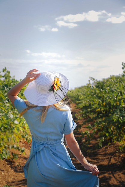 Une fille vêtue d'une robe bleue et d'un chapeau d'été se tient dos à la caméra et regarde les vignes