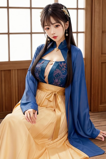 Une fille vêtue d'une robe hanfu bleue et jaune