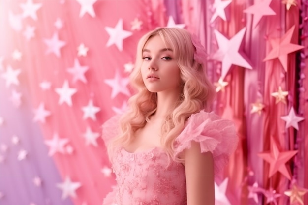 Une fille vêtue d'une robe rose se tient devant un fond rose avec des étoiles.