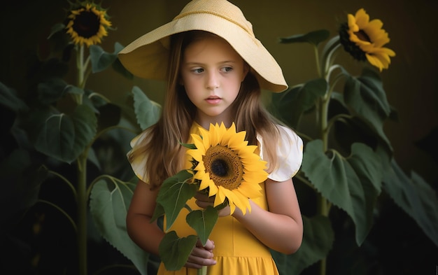 Une fille vêtue d'une robe de tournesol jaune tient un tournesol