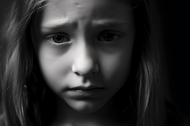 une fille avec un visage triste est montrée dans une photo en noir et blanc.