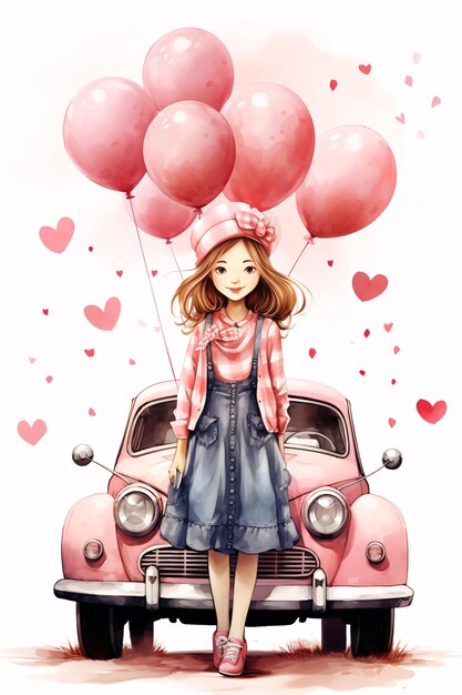 Fille sur une voiture rentrée rose avec un ballon rose célébrant la Saint-Valentin