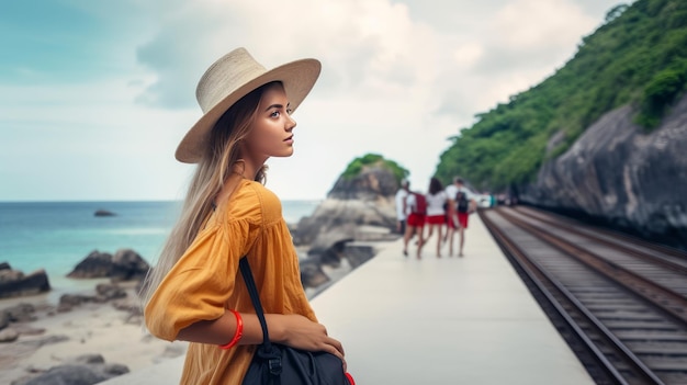 Fille en voyageant beau portrait AI générative