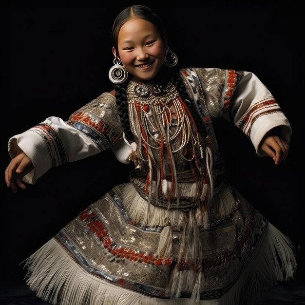 Une fille yakut dansant une danse nationale en vêtements yakuts