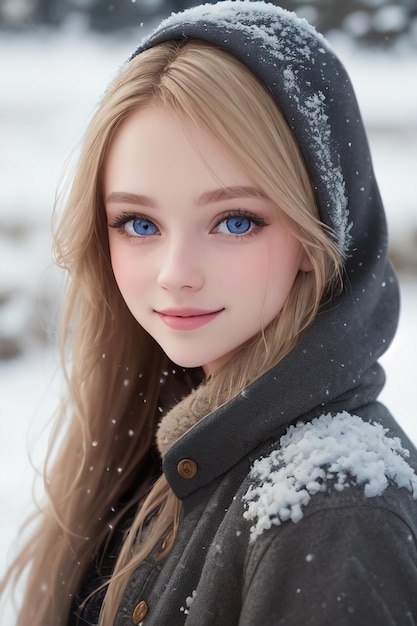 Une fille avec des yeux bleus et un capuchon