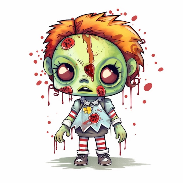 Une fille zombie avec du sang éclaboussé sur le visage et des cheveux roux.