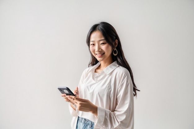 les filles asiatiques sourient avec phome à la main