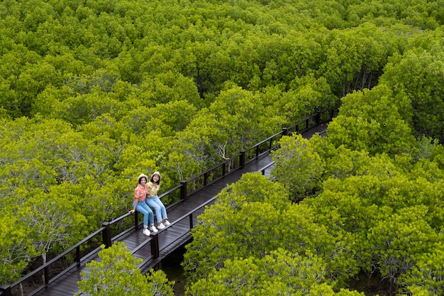 filles assises sur un pont dans la forêt