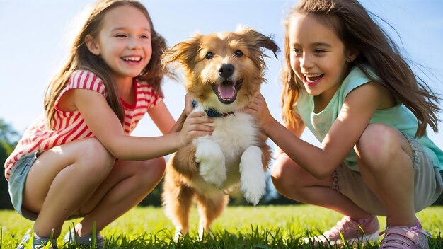 Photo des filles avec un chien.