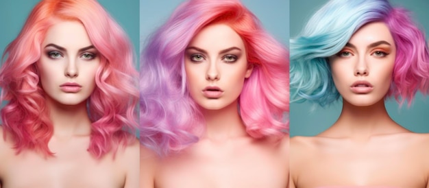 Filles de collage de mode de beauté avec des cheveux teints colorés Généré par AI