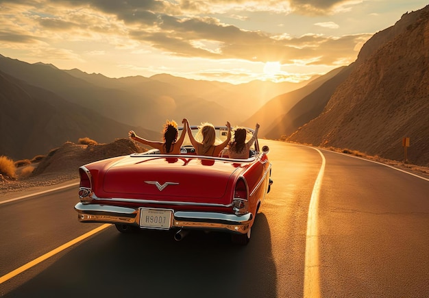 Des filles conduisent une voiture rouge décapotable sur une route dans les montagnes dans le style de Dimitry Roullan.