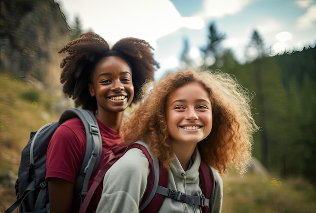 filles de différentes ethnies souriant dans les montagnes faisant du concept de sport de trekking