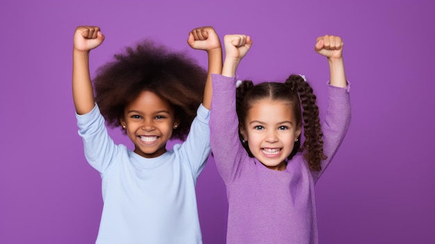 Photo filles enfants avec le poing vers le haut isolé sur un fond violet girl power