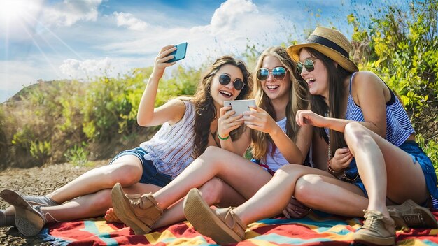 Des filles en été qui regardent des photos dans un smartphone.