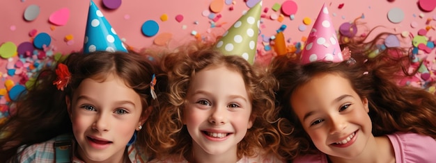 Filles excitées riant debout sous des amis de confettis multicolores tombant à la fête d'anniversaire