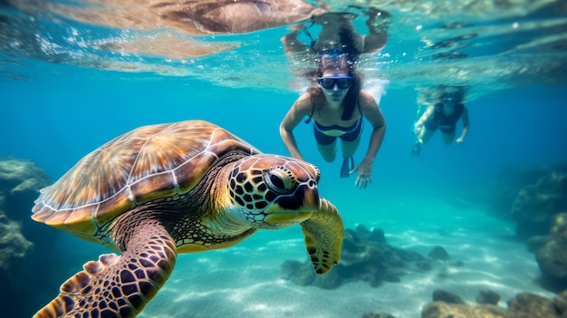 Des filles faisant du snorkeling avec des tortues