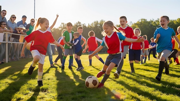 Des filles et des garçons jouant au football.