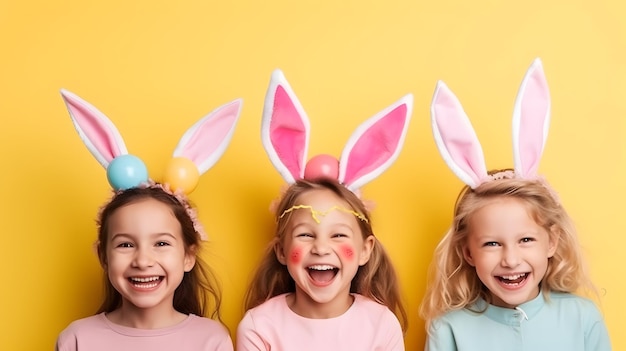 Des filles heureuses dans des oreilles de lapin célébrant Pâques