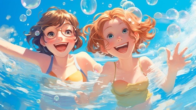 Des filles heureuses dans la piscine.