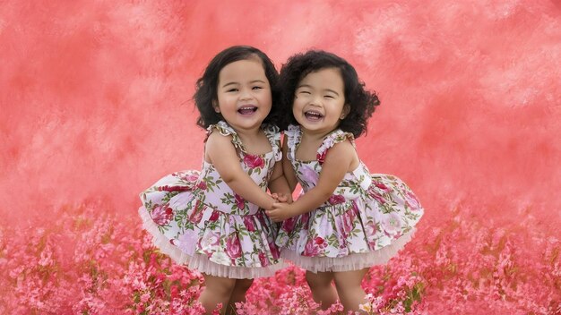 Photo des filles heureuses isolées sur le corail rose